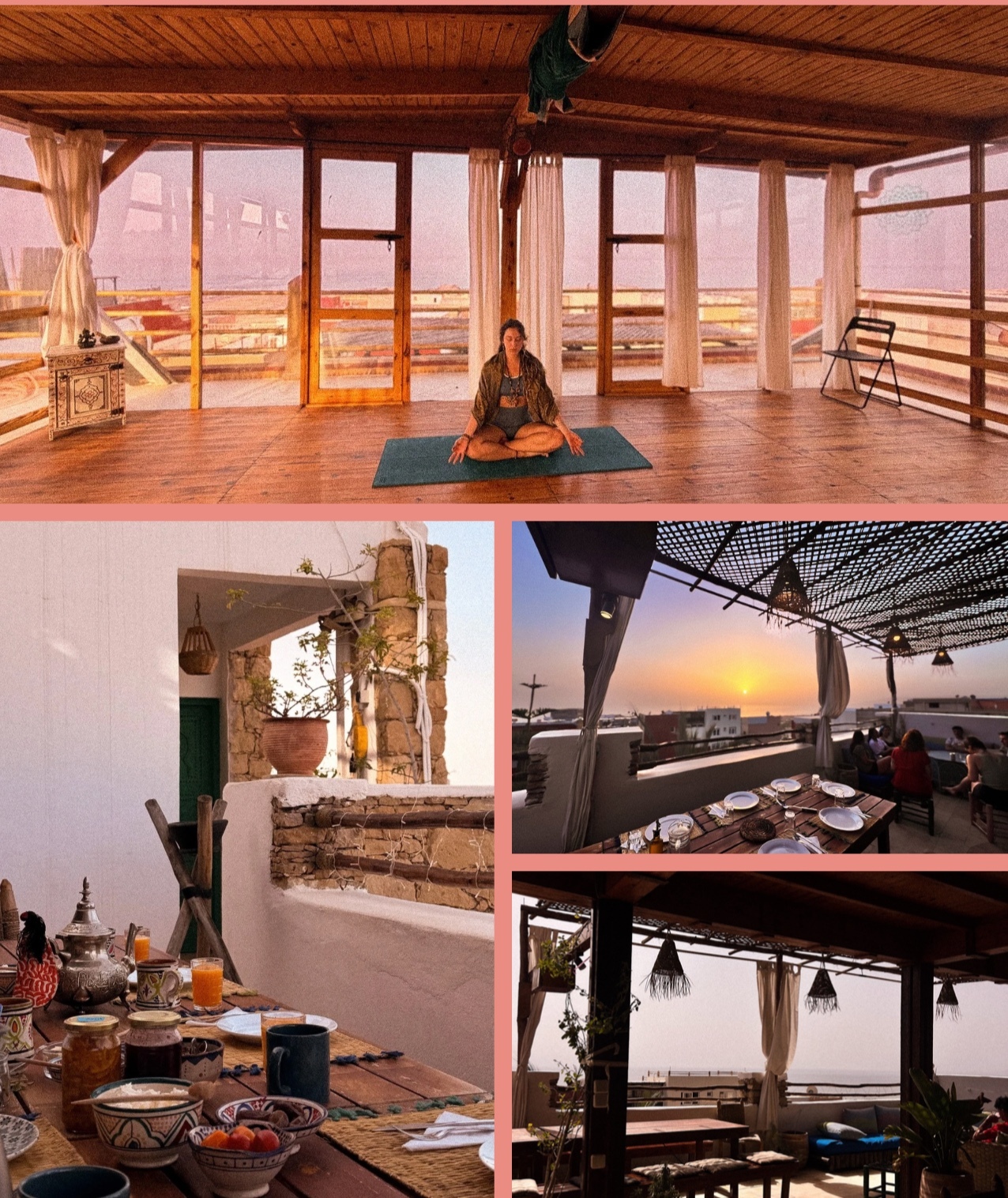 Photo grid of the rooftop, yoga shala and shared meals